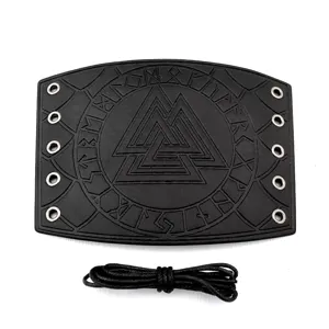 Men vintage medieval punk leather bracer with runic symbol and metal eyelets for cosplay.