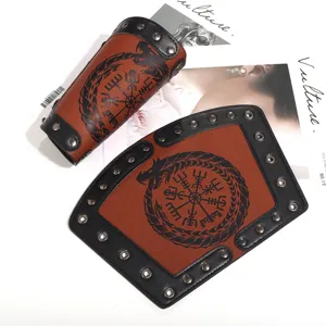 Medieval punk leather bracers for men, retro dragon rune embossed arm guards, cosplay gear.