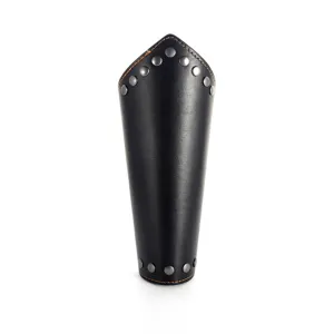 Men's punk medieval black leather bracer with metal rivets and retro design for outdoor riding.