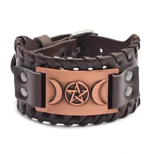 Bracelet en cuir large punk vintage pour homme, bijoux manchette pentacle lune viking.