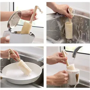 Brosse vaisselle luffa de cuisine avec manche en bois pour casseroles éviers tasses