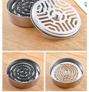Vue détaillée du porte-spirale anti-moustiques en inox, cendrier ignifugé avec couvercle.