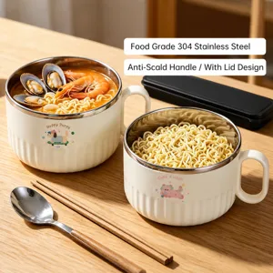 Large capacity 304 stainless steel instant noodle bowl with lid and anti-scald handle for students.