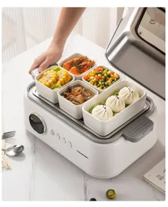 Ceramic square steaming bowls set with electric food steamer for convenient home cooking daily.