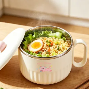 Stainless steel instant noodle bowl with lid and handle, large capacity thermal tableware.