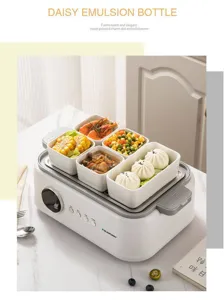 Electric food steamer set with ceramic square bowls for household kitchen cooking and steaming.