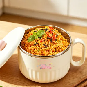 Stainless steel instant noodle bowl with handle lid dual layer anti scald large capacity