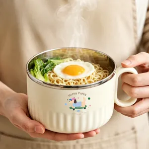 Stainless steel instant noodle bowl with handle, large capacity dorm ramen bowl for students.