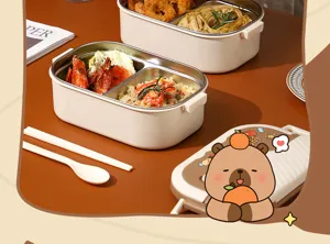Niedliche Edelstahl Zwei-Fächer-Brotdose mit Capybara-Design und Besteck für Schüler.
