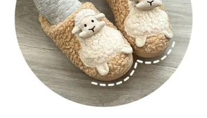 Fluffy sheep plush slippers detail view, soft cozy indoor winter footwear for women.
