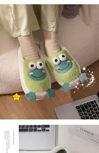 Winter plush cute frog slippers for women indoor warm soft non-slip home cotton shoes cozy