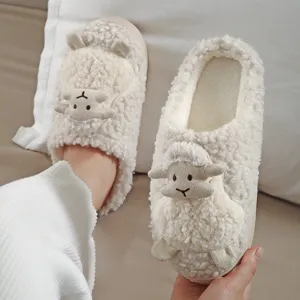 Winter Warm Plush Cotton Slippers For Women And Men Cute Cartoon Sheep Indoor Home Anti-Slip Couple House Shoes