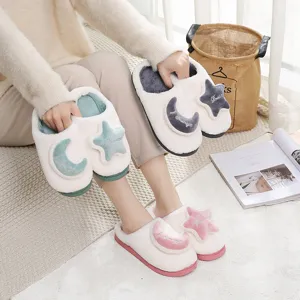 Pluizige winterpantoffels voor koppels, leuk pluche ontwerp met maan en sterren, warme schoenen.