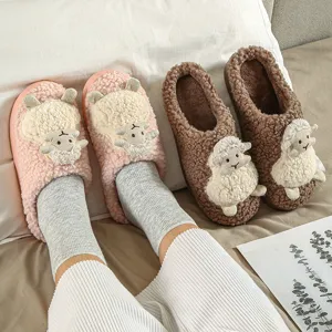 Cute fluffy sheep winter slippers for women, warm indoor plush cotton shoes with anti-slip sole.