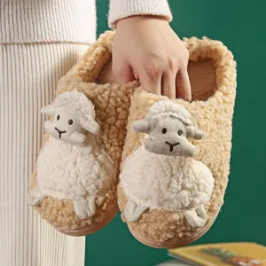 Cute plush sheep winter cotton slippers for women and men, warm indoor non-slip home shoes.