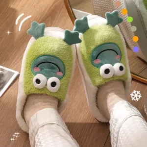 Winter Warm Cute Cartoon Frog Plush Cotton Slippers For Women Men Indoor Home Soft Thick Anti-Slip House Shoes