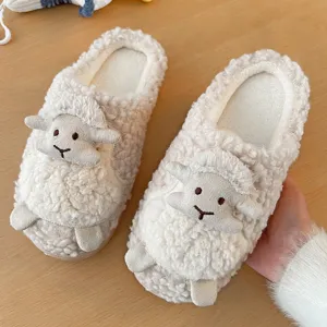 Cute fluffy sheep winter cotton slippers for women, soft plush indoor home shoes with anti-slip sole.