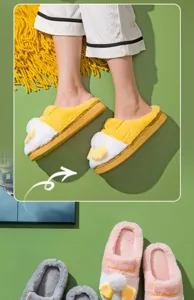 Plush duck slippers detail showing soft white and yellow fuzzy fabric and thick anti-slip sole.