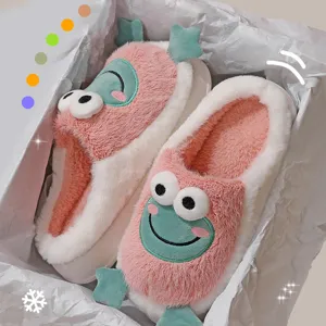 Fluffy winter plush cotton slippers for indoor home warmth, cute cartoon design.
