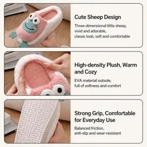 Cozy winter plush house slippers for women and men, warm furry indoor shoes with anti-slip sole.