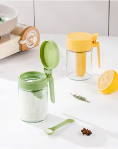 Glazen kruidenpot keuken zout opbergcontainer met lepel en vochtbestendig flip-deksel voor thuis.