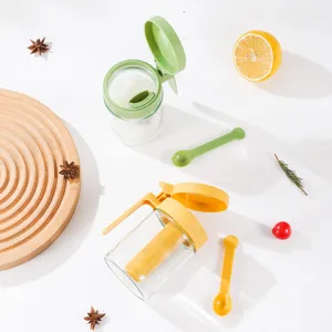 Glazen kruidenpot set met lepel en deksel, keuken opslagcontainer voor zout en specerijen.