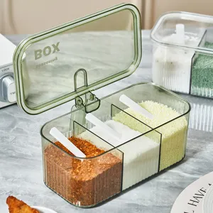 Kitchen Seasoning Box Set Multi Grid Transparent Condiment Jar Salt Pepper Storage Container With Spoons Household Kitchen Organizer