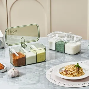 Multi-compartment transparent seasoning box set with spoons for kitchen kitchenware storage main