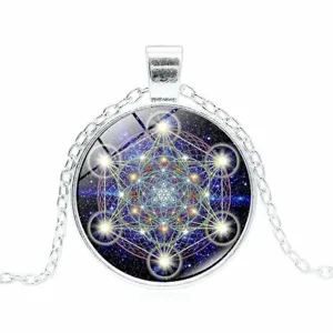 Heilige Geometrie Glas Zeit Edelstein Anhänger Halskette Legierung Spiritueller Schmuck