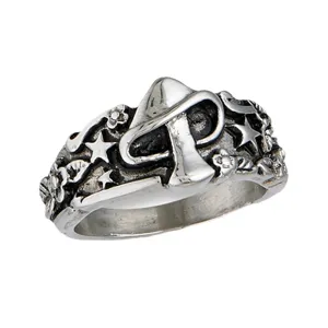 Anillo grabado de hongo y estrella color plata vintage, joyería de metal estilo punk para hombres.