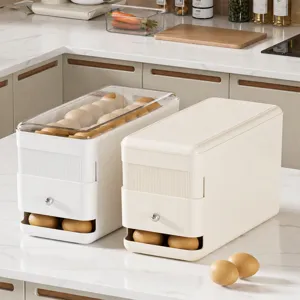 Rolling egg storage box container for kitchen refrigerator double layer plastic egg dispenser.