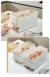 Large capacity egg storage box for kitchen refrigerator organization with automatic rolling design.