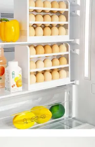 Multi-tier plastic egg storage box for refrigerator organization, space-saving kitchen egg holder.