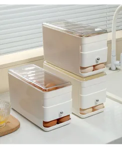 Stackable egg storage box for kitchen refrigerator, clear lid automatic rolling egg holder.