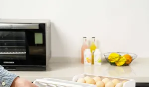 Detailed view of the plastic egg storage box for refrigerator door, keeping eggs fresh.