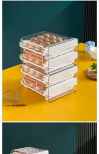 Transparent drawer-type multi-layer egg storage box for kitchen refrigerator organization.