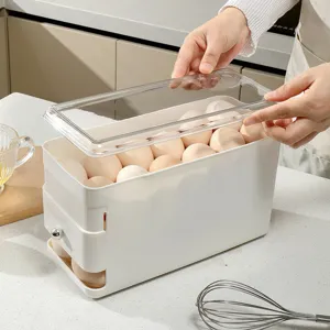 Large capacity egg storage box for kitchen refrigerator, clear lid automatic rolling egg holder container