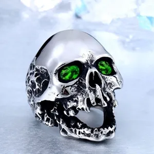 Punk alloy large skull ring with green zirconia for men cool gothic style jewelry