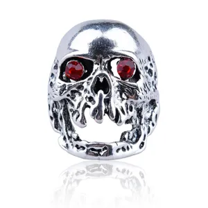 Punk gothic silver skull ring with red zircon eyes for men cool biker jewelry style.
