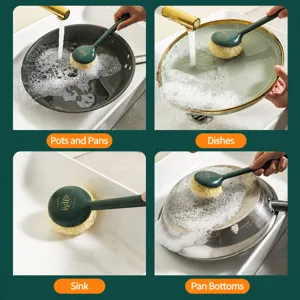 Long-handled dishwashing brush with circular mesh head, perfect for pots, pans, and kitchen sinks.