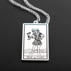 Detailed stainless steel tarot card pendant necklace featuring Page of Cups design closeup