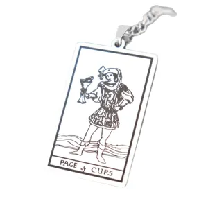 Stainless steel tarot card pendant necklace, vintage Rider Waite Page of Cups hip hop jewelry.