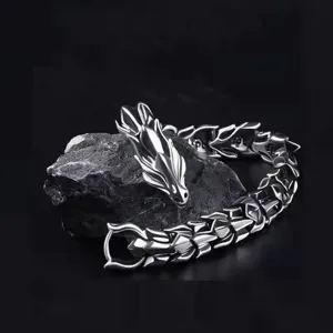 Vintage retro dragon head bracelet for men punk hip hop silver tone chain jewelry gift