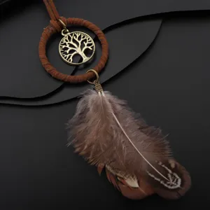 Λεπτομέρεια κολιέ με μενταγιόν φτερού boho με vintage δερμάτινο κορδόνι και ορειχάλκινο σχέδιο.