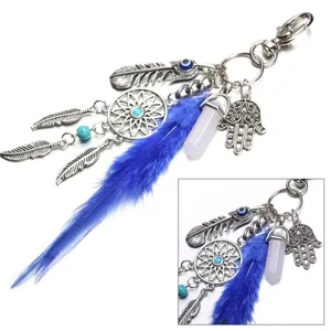 Bohemian Feather Turquoise Gemstone Palm Keychain Vintage Alloy Dream Catcher Bag Charm Pendant Jewelry Gift For Women