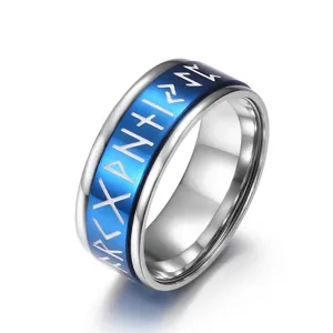 Anillo giratorio de acero titanio para hombre con grabado de runas vikingas nórdicas, elegante.