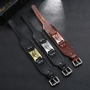 Brazalete de cuero trenzado retro tótem águila punk pulsera ancha estilo vikingo