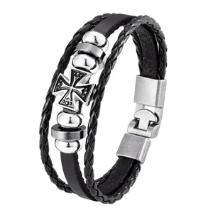 Herren Vintage mehrsträngiges geflochtenes Lederarmband mit Silber Kreuz Metall