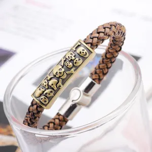Punk brown leather braided skull bracelet with magnetic clasp for men fashion jewelry detail