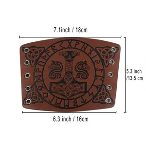 Details of the Viking Thor hammer embossed leather bracer with runes and metal eyelets.